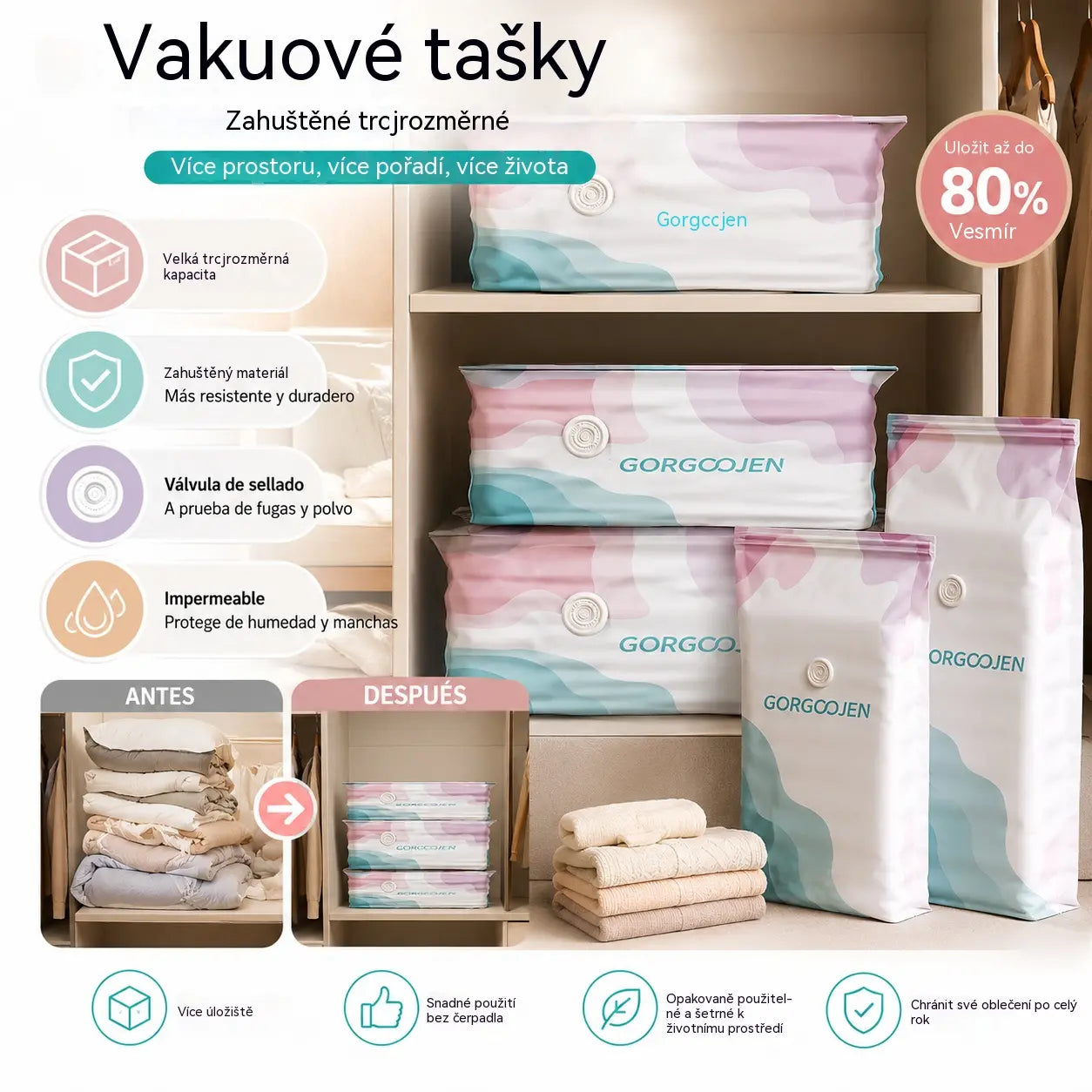 5 kusy 590Kč  Velký, stlačitelný vakuový úložný sáček: není potřeba pumpička, nepropustný a ideální pro úsporu místa v kufrech i doma