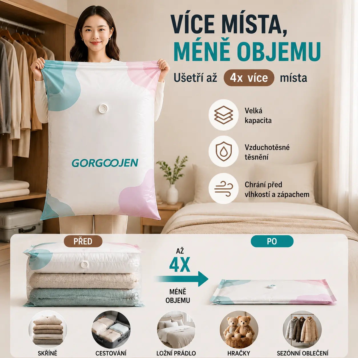5 kusy 590Kč  Velký, stlačitelný vakuový úložný sáček: není potřeba pumpička, nepropustný a ideální pro úsporu místa v kufrech i doma